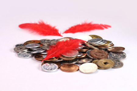 Donation image, red feather and japanese coins on white background