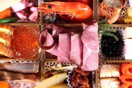 Japanese New Year dishes Osechi close upの写真素材