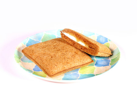 Press sandwich on a plate on white backgroundの写真素材