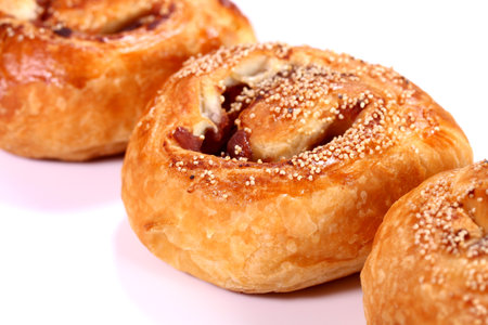 Danish pastry with red bean paste on white backgroundの写真素材