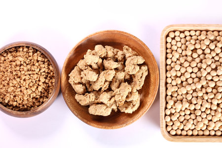 Soybeans and two kinds of  soy meat on white backgroundの写真素材