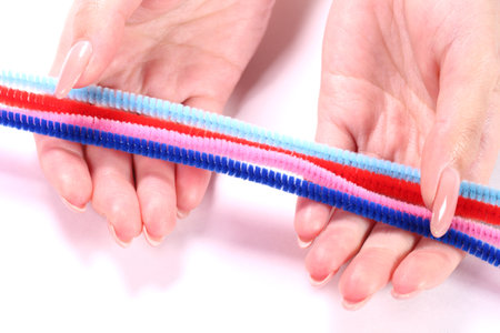 Female hands with colored pipe cleaners on white backgroundの写真素材