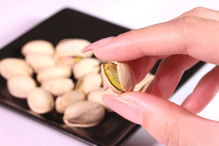 Female hand holding pistachio nut on a white background close upの写真素材