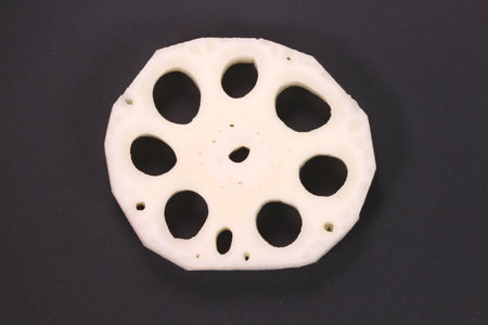 Slice of lotus root on black backgroundの写真素材