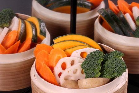 Vegetables in a bamboo steamerの写真素材