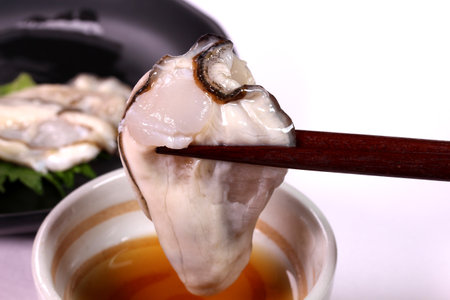 Eating raw oysters with chopsticksの写真素材