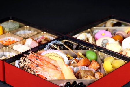 Japanese cuisine, New Year dishes OSECHI (Osechi ryori) close upの写真素材