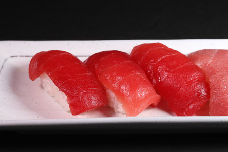 Japanese food Tuna nigiri sushi on a plate, close upの写真素材