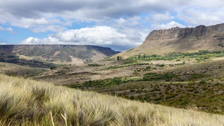 Landscape of great mountains, clouds and a field of bushes and several poplars. Patagonia, Argentinaの写真素材