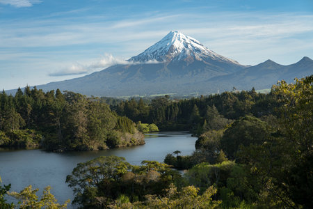 Taranaki mount from Lake Mangamahoe viewpoin during spring. New Zealand, North Islandの写真素材