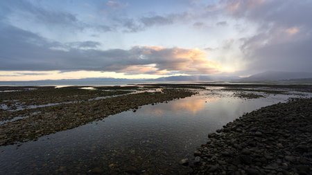 River mouth at sunset in West Coast. New Zealand, South Island.の写真素材
