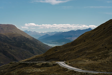 Amazing lookout point of Queenstown and mountain range by the motorway. New Zealand, South Islandの写真素材