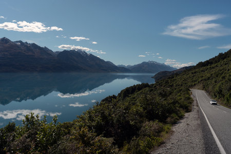 Amazing panoramic view of Lake Wakatipu and the motorway from Queenstown to Glenorchy. New Zeaand, South Island.の写真素材