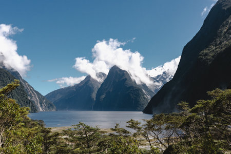 Milford Sound view from the port on a sunny day. Fiordland National Park, New Zealand.の写真素材