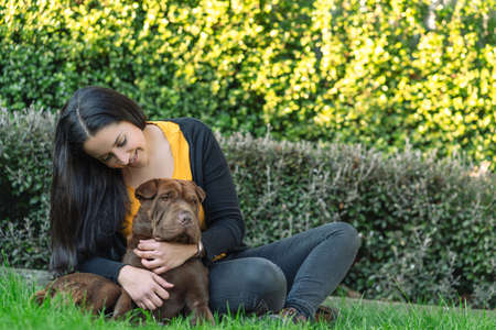 Hispanic woman sitting on the grass embracing her dog, a Shar Pei Labrador mix.の写真素材
