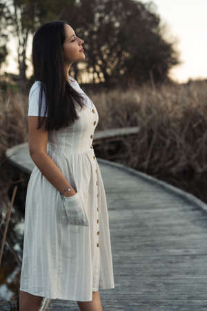 young brunette woman posing on profile and wearing dress during sunset. Wooden walkway and rural environmentの写真素材