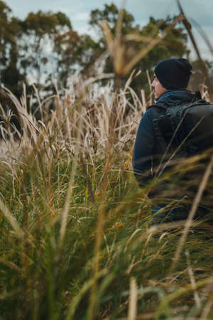 Man with beanie walking in the middle of rushes on wild environment. Vertical photographyの写真素材