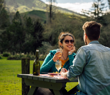 Young couple having lunch on picnic table in countryside with mountains landscape behind.の写真素材
