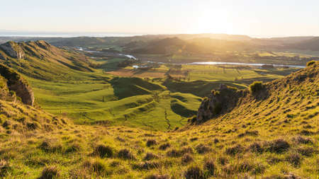 Sunrise at Te Mata Peak with the view of Tukituki river and the coast. Hawke's Bay, New Zealand.の写真素材
