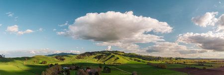 Landscape of beautiful green fields on countryside with cloudy sky during morning. Panoramicの写真素材