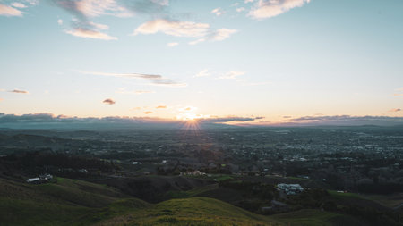 City Landscape at sunset of Hastings. View from Te Mata Peak, HAwke's Bay, New Zealandの写真素材