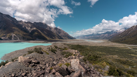 Dramatic panoramic view of a Valley next to Tasman river in Mount Cook National Park. New Zealandの写真素材