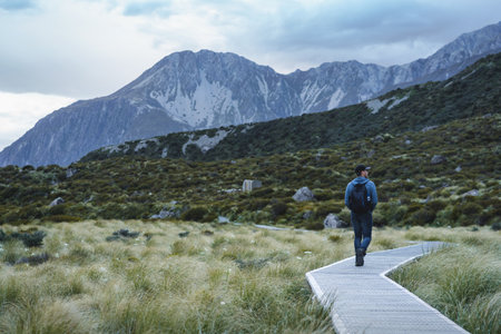 Man doing Hooker Valley Track. Mount cook, Aoraki National Park. New Zealand.の写真素材