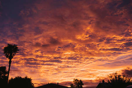 Dramatic pink sunset on a cloudy sky. Backgroundの写真素材