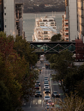 Auckland street by the port during sunset. City life concept in New Zealand. portrait photoの写真素材