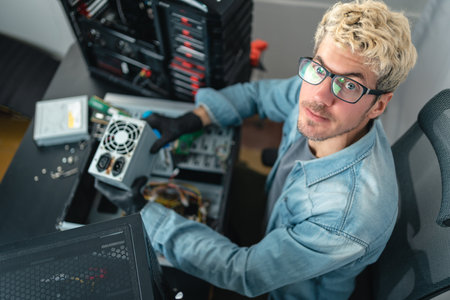 Top view of technician man repairing desktop computer. selective focusの写真素材