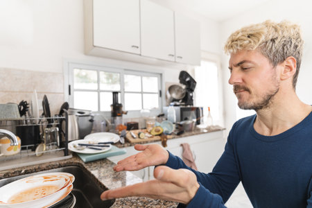 Mid-adult man complaining about dirty dishes in his messy kitchen. Close up to his faceの写真素材