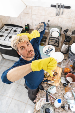 Top view of man wearing cleaning gloves with thumbs down because of his messy kitchen. portrait photoの写真素材