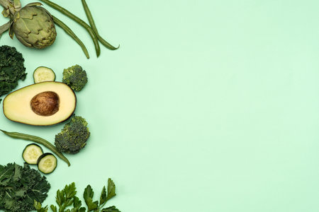 Fresh green vegetables with copy space. Top view banner. Health and food conceptの写真素材