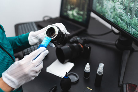 Cleaning camera with special brush and wearing gloves. Close up caption. unrecognizable personの写真素材