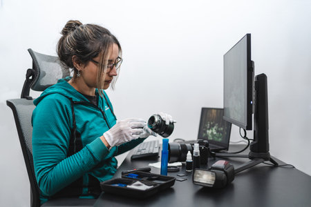 Young woman cleaning camera lens with special cleaning kit and wearing glovesの写真素材