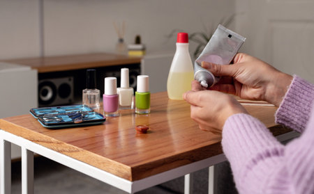 Woman applying lotion in her hands while doing manicure at home. Close up pictureの写真素材