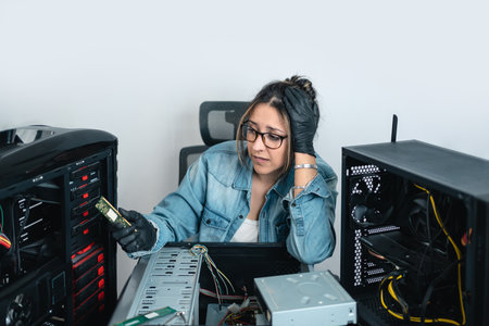 Latin technician woman worried about her job at repairing computers. white backgroundの写真素材
