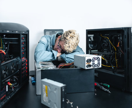 Caucasian man falls sleep at computer repair service workplaceの写真素材