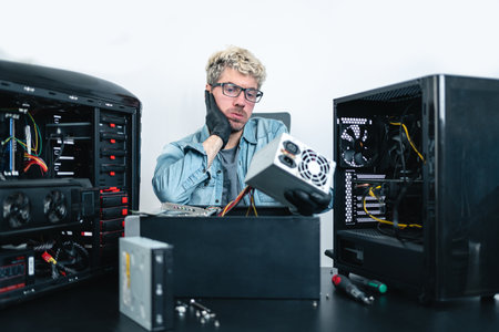 Man looking exhausted at work while repairing computer. white backgroundの写真素材