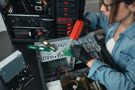 Woman soldering desktop computer with desoldering gun. Close up. Female empowerment conceptの写真素材