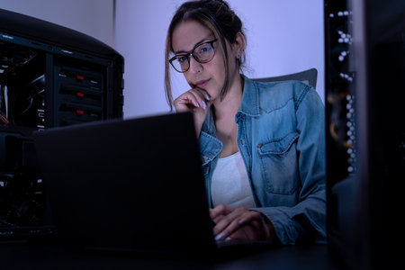Hispanic young woman working with computer at home. Engineer, program developer, hacker conceptの写真素材