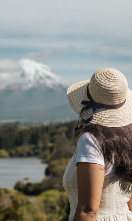 Young woman wearing vintage hat looking at snowy peak mountain. Taranaki, New Zealandの写真素材