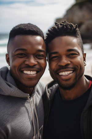 Two African American male friends looking at camera at the beach. Generative AI vertical shotの素材