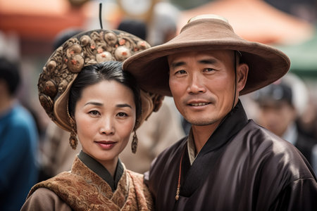 Outdoors portrait of Chinese couple wearing traditional clothes. Generative AIの素材
