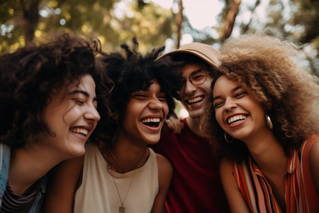 Group of friends laughing out loud at the park. Generative AIの素材