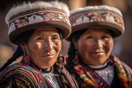 Two Indigenous Andean women portrait wearing their traditional clothes. Generative AIの素材
