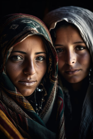 Close up shot of two Berber women looking at camera wearing traditional clothes. Generative AI vertical shotの素材