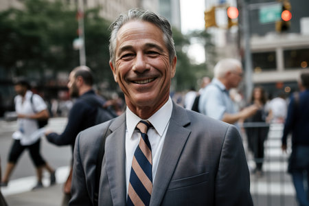 Middle aged American businessman posing looking and smiling at camera. Generative AIの素材