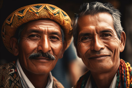Two indigenous Mexican senior men portrait wearing traditional clothes. Generative AIの素材