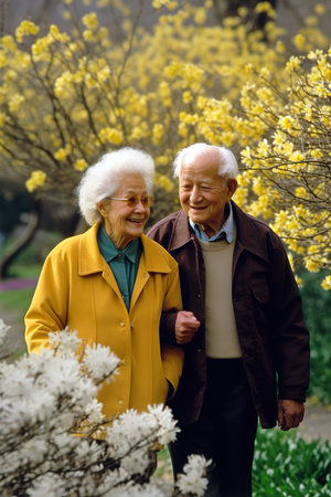 Elderly couple walking in the park surrounded by colorful blossoms in the trees. Generative AI vertical shotの素材